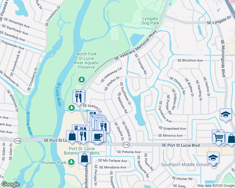 map of restaurants, bars, coffee shops, grocery stores, and more near 2101 Southeast Midtown Road in Port St. Lucie