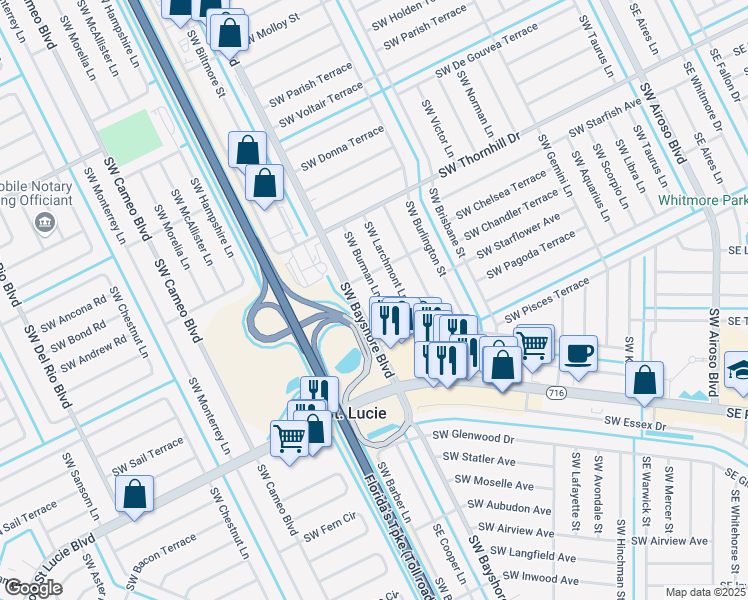 map of restaurants, bars, coffee shops, grocery stores, and more near 2132 Southwest Burman Lane in Port St. Lucie