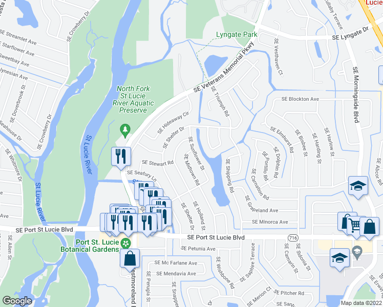 map of restaurants, bars, coffee shops, grocery stores, and more near 2101 Southeast Midtown Road in Port Saint Lucie