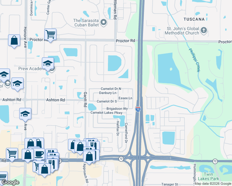 map of restaurants, bars, coffee shops, grocery stores, and more near 5875 Danbury Lane in Sarasota