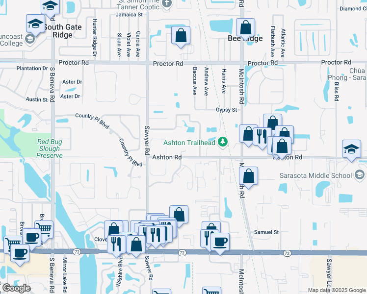 map of restaurants, bars, coffee shops, grocery stores, and more near 4151 Ashton Road in Sarasota