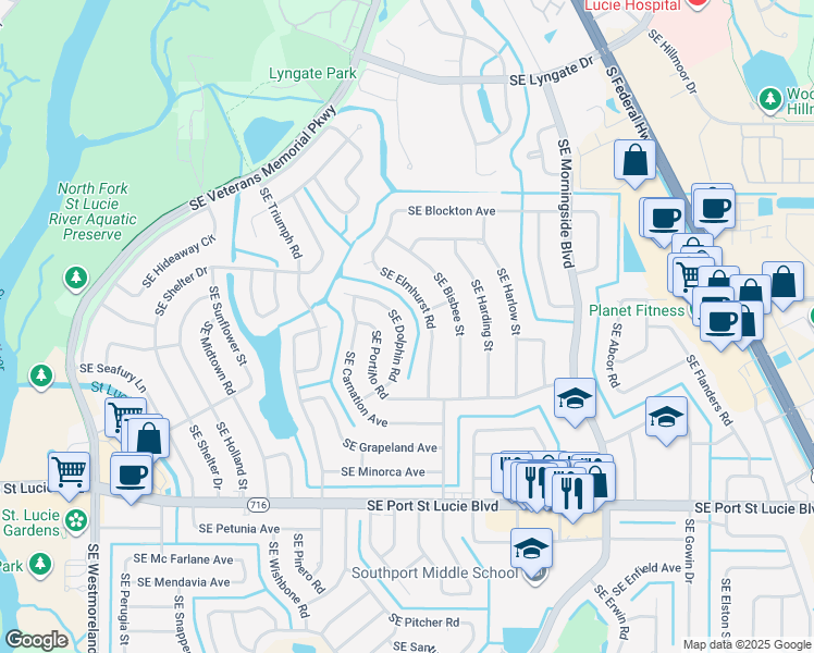 map of restaurants, bars, coffee shops, grocery stores, and more near 2153 Southeast Dolphin Road in Port St. Lucie