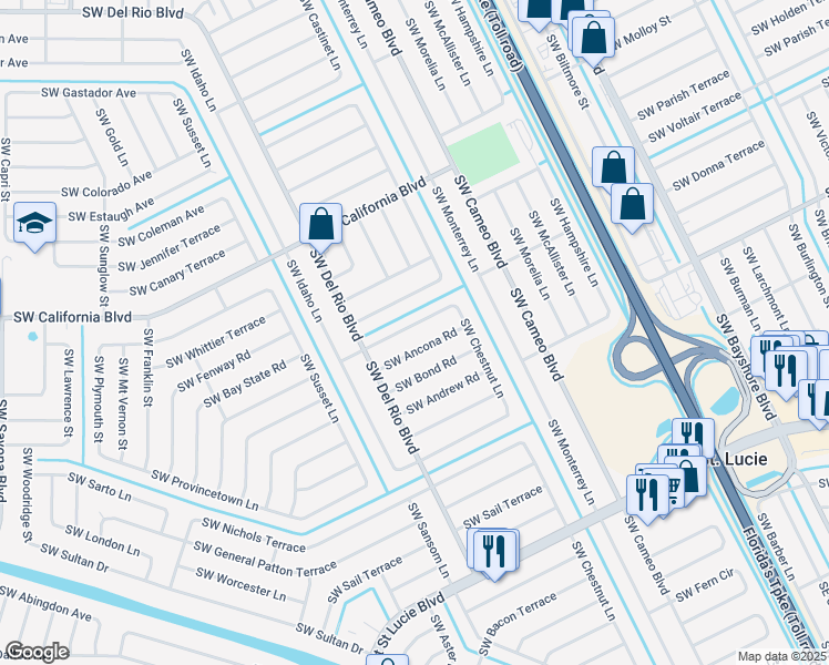 map of restaurants, bars, coffee shops, grocery stores, and more near 744 Southwest Monsoon Road in Port St. Lucie