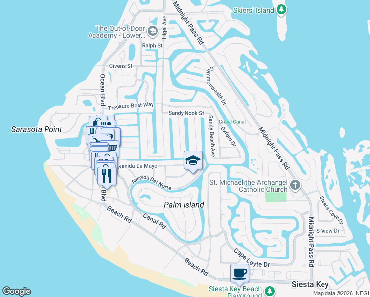 map of restaurants, bars, coffee shops, grocery stores, and more near 5153 Sandy Cove Avenue in Siesta Key