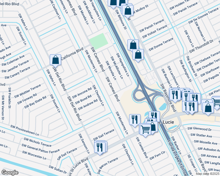 map of restaurants, bars, coffee shops, grocery stores, and more near 2180 Southwest Cameo Boulevard in Port Saint Lucie