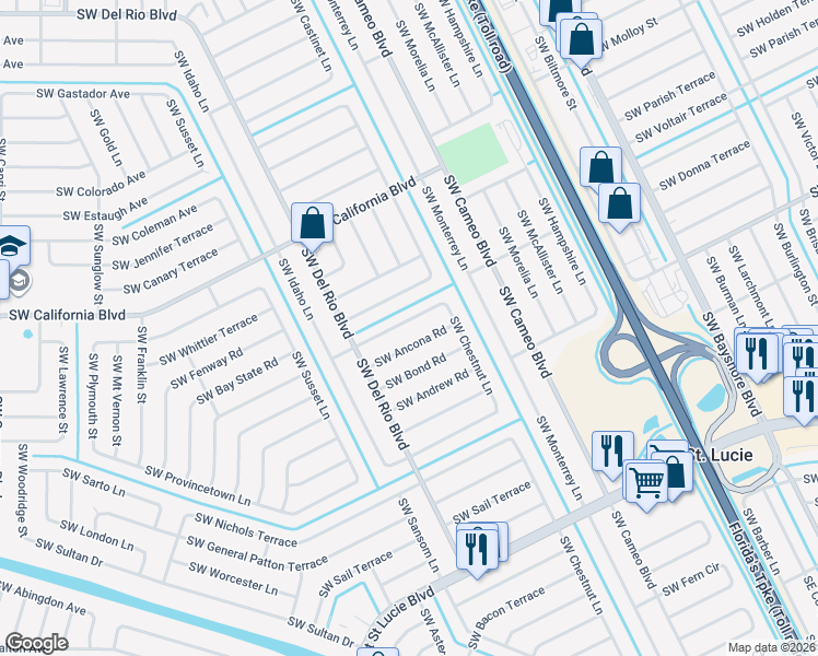 map of restaurants, bars, coffee shops, grocery stores, and more near 744 Southwest Monsoon Road in Port St. Lucie