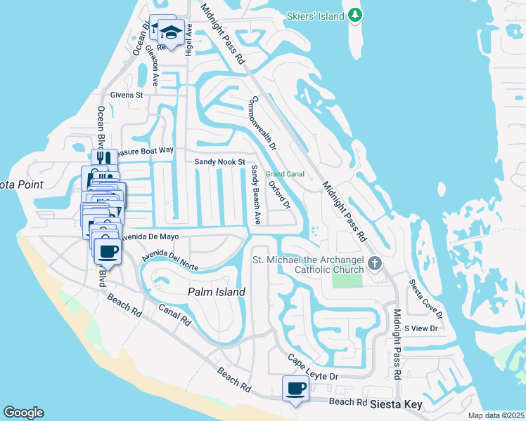 map of restaurants, bars, coffee shops, grocery stores, and more near 5151 Saint Albans Avenue in Siesta Key