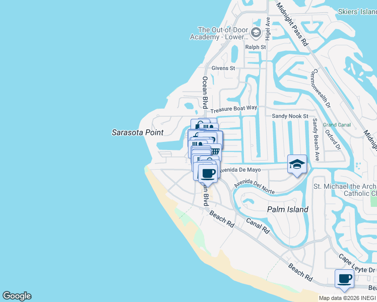 map of restaurants, bars, coffee shops, grocery stores, and more near 147 Ocean Boulevard in Siesta Key