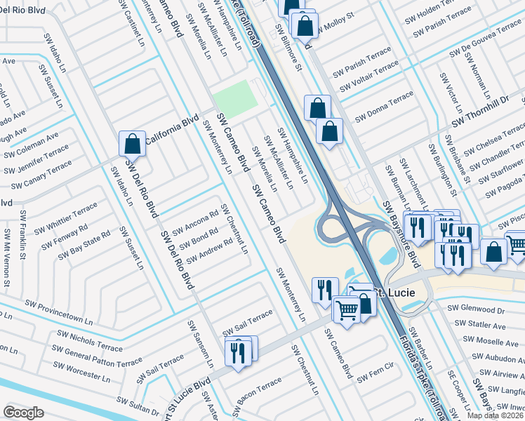 map of restaurants, bars, coffee shops, grocery stores, and more near 2180 Southwest Cameo Boulevard in Port St. Lucie