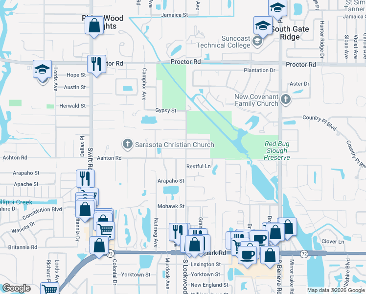 map of restaurants, bars, coffee shops, grocery stores, and more near 3181 Campbell Street in Sarasota