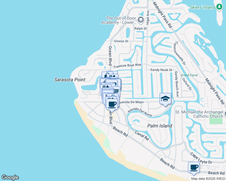 map of restaurants, bars, coffee shops, grocery stores, and more near 5110 Ocean Boulevard in Siesta Key