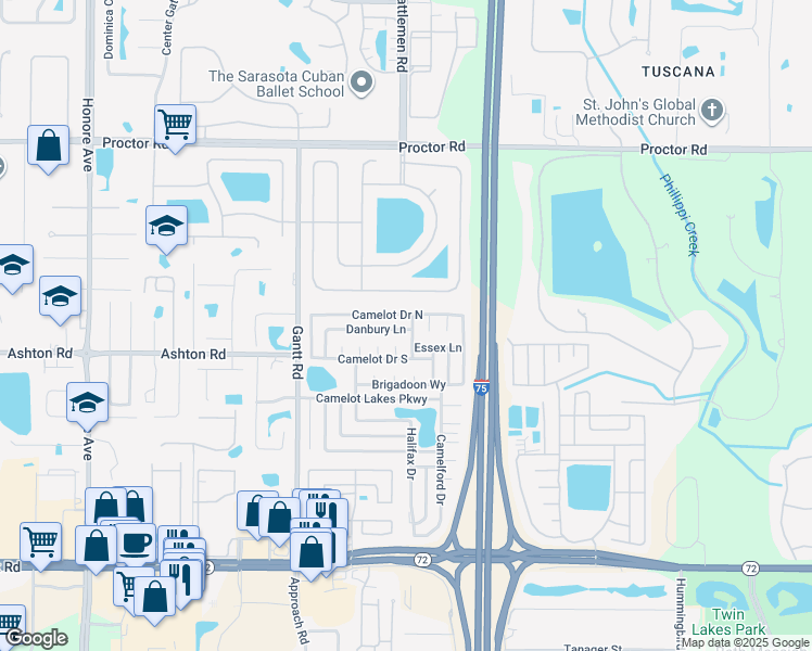 map of restaurants, bars, coffee shops, grocery stores, and more near 5875 Danbury Lane in Sarasota
