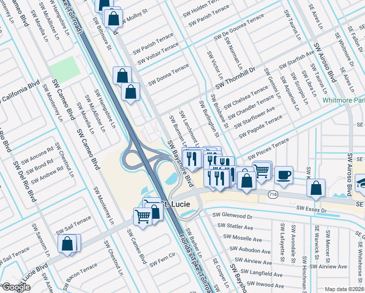 map of restaurants, bars, coffee shops, grocery stores, and more near 2122 Southwest Burman Lane in Port St. Lucie
