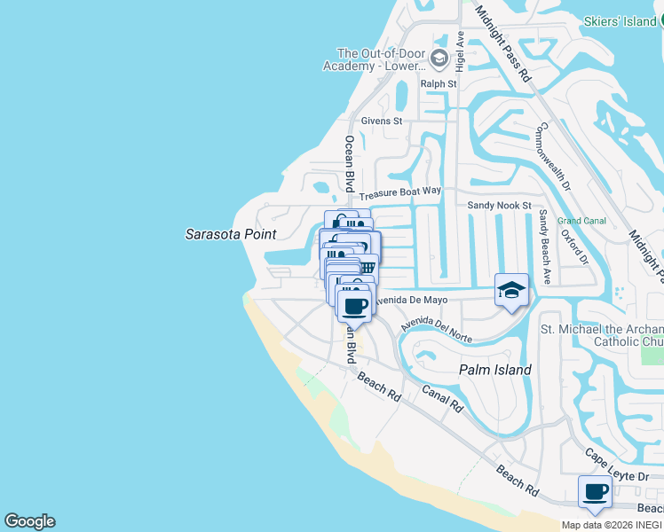 map of restaurants, bars, coffee shops, grocery stores, and more near 5110 Ocean Boulevard in Siesta Key