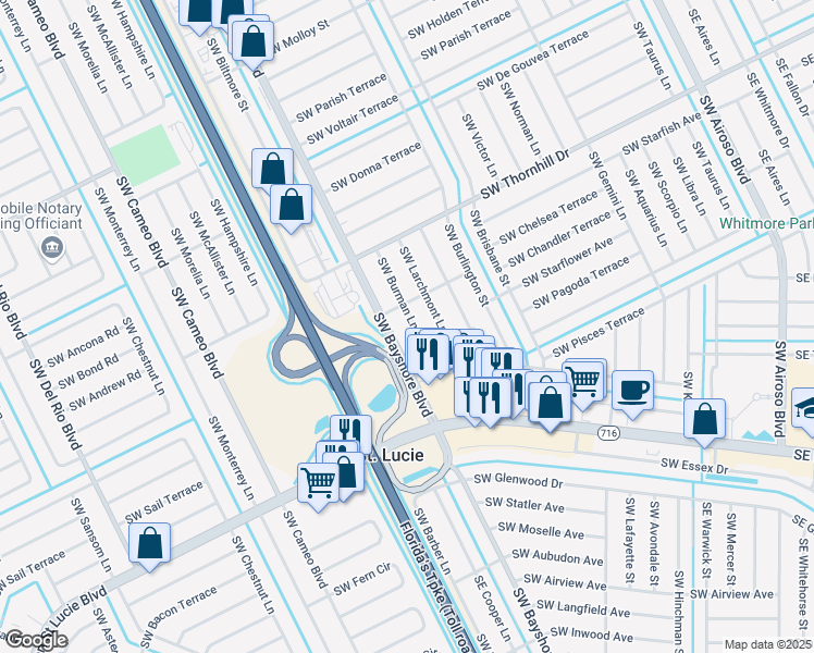 map of restaurants, bars, coffee shops, grocery stores, and more near 2122 Southwest Burman Lane in Port St. Lucie