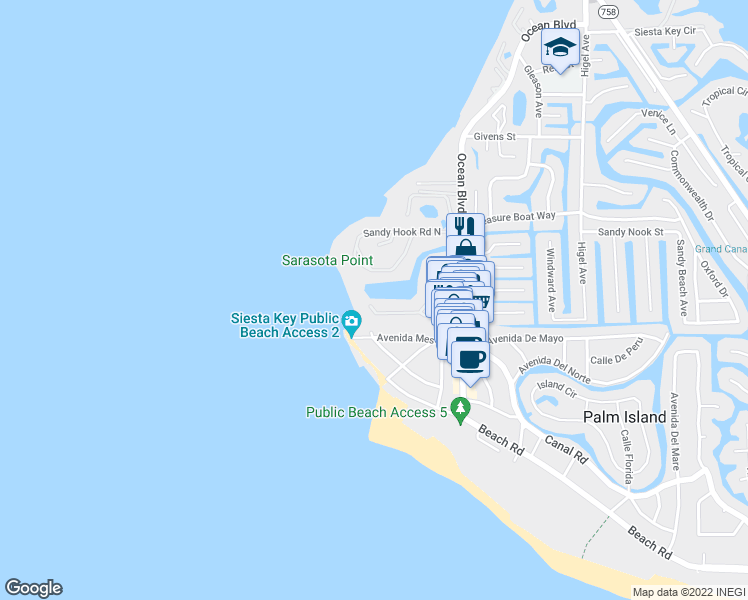 map of restaurants, bars, coffee shops, grocery stores, and more near 19 Whispering Sands Drive in Sarasota