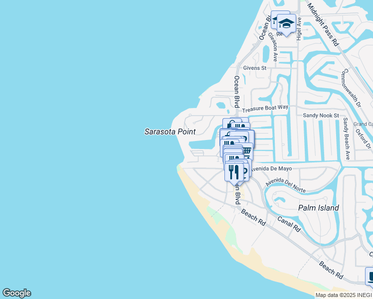 map of restaurants, bars, coffee shops, grocery stores, and more near 19 Whispering Sands Drive in Siesta Key