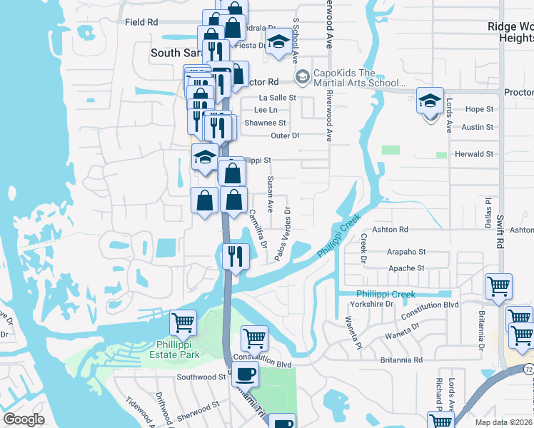 map of restaurants, bars, coffee shops, grocery stores, and more near 5230 Susan Avenue in Sarasota