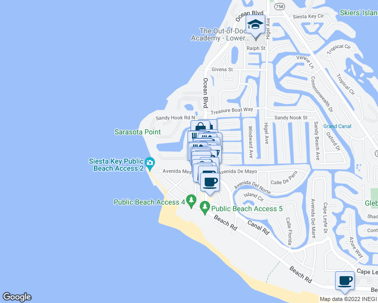 map of restaurants, bars, coffee shops, grocery stores, and more near 147 Ocean Boulevard in Siesta Key