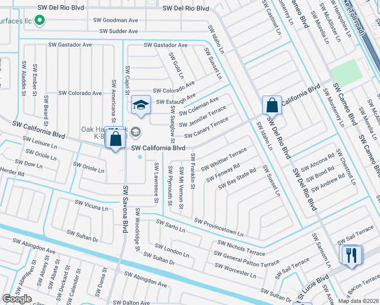 map of restaurants, bars, coffee shops, grocery stores, and more near 2150 Southwest Franklin Street in Port St. Lucie