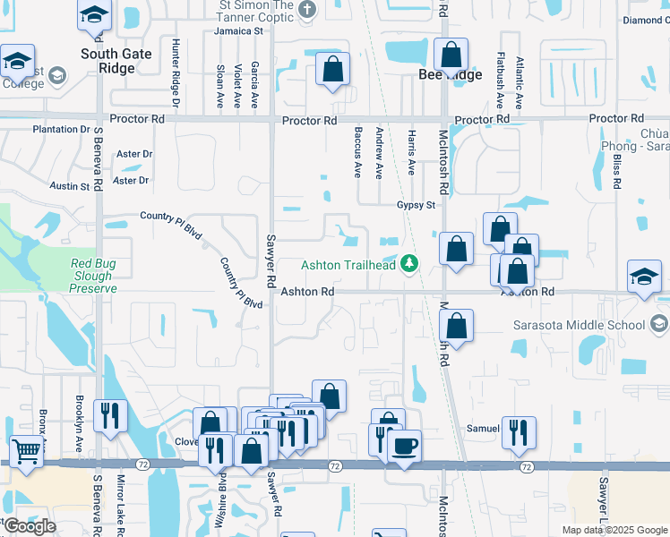 map of restaurants, bars, coffee shops, grocery stores, and more near 4151 Ashton Road in Sarasota
