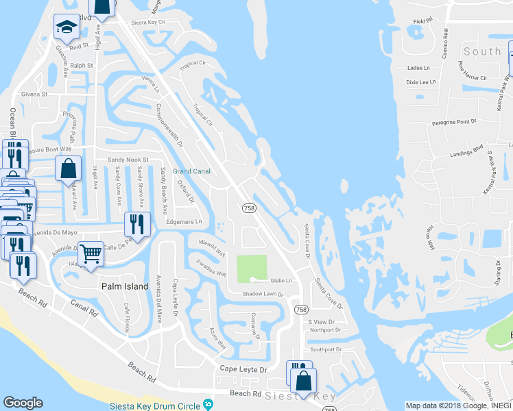 map of restaurants, bars, coffee shops, grocery stores, and more near 5175 Siesta Woods Drive in Siesta Key