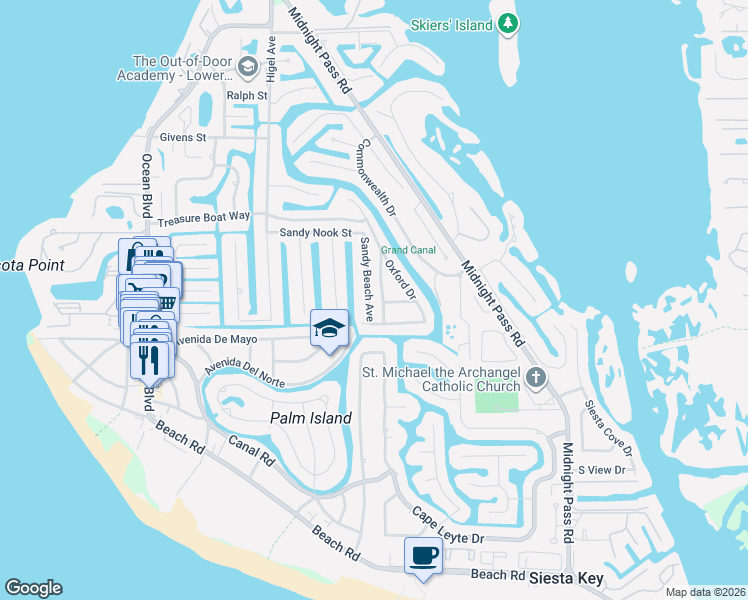 map of restaurants, bars, coffee shops, grocery stores, and more near 5151 Saint Albans Avenue in Siesta Key
