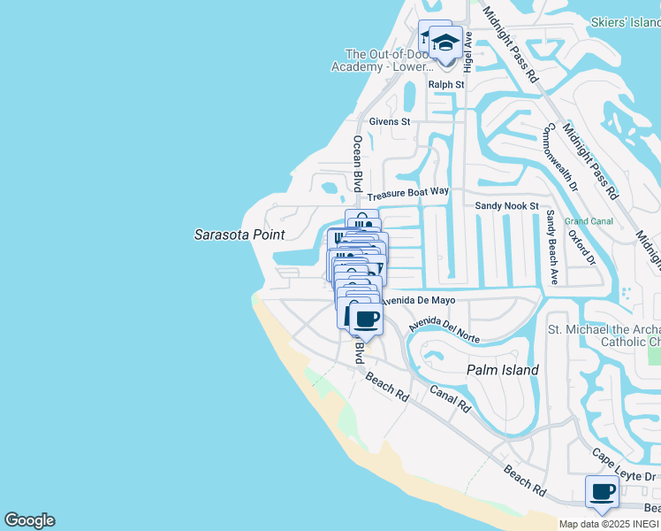 map of restaurants, bars, coffee shops, grocery stores, and more near 147 Ocean Boulevard in Siesta Key