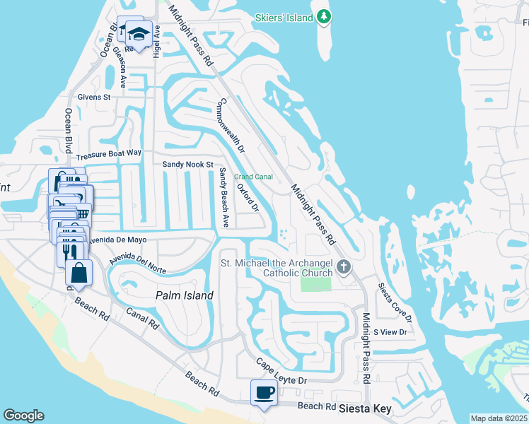 map of restaurants, bars, coffee shops, grocery stores, and more near 5159 Oxford Drive in Siesta Key