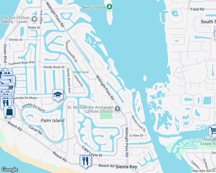 map of restaurants, bars, coffee shops, grocery stores, and more near 5175 Siesta Woods Drive in Siesta Key
