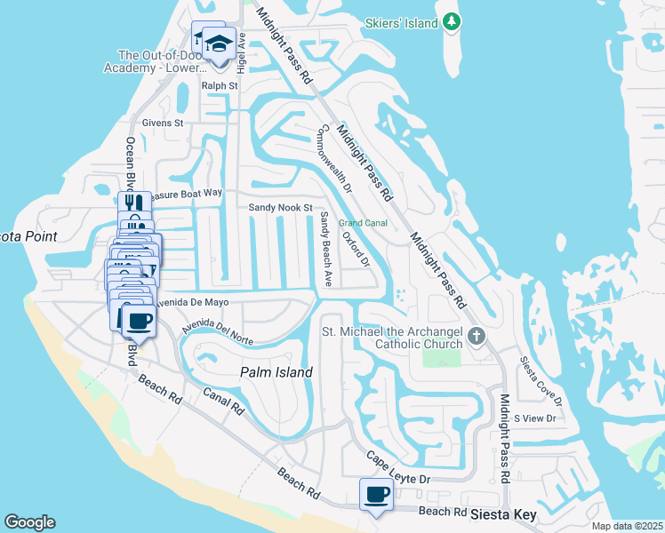 map of restaurants, bars, coffee shops, grocery stores, and more near 5151 Saint Albans Avenue in Siesta Key