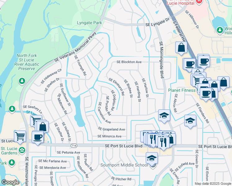map of restaurants, bars, coffee shops, grocery stores, and more near 2153 Southeast Dolphin Road in Port St. Lucie