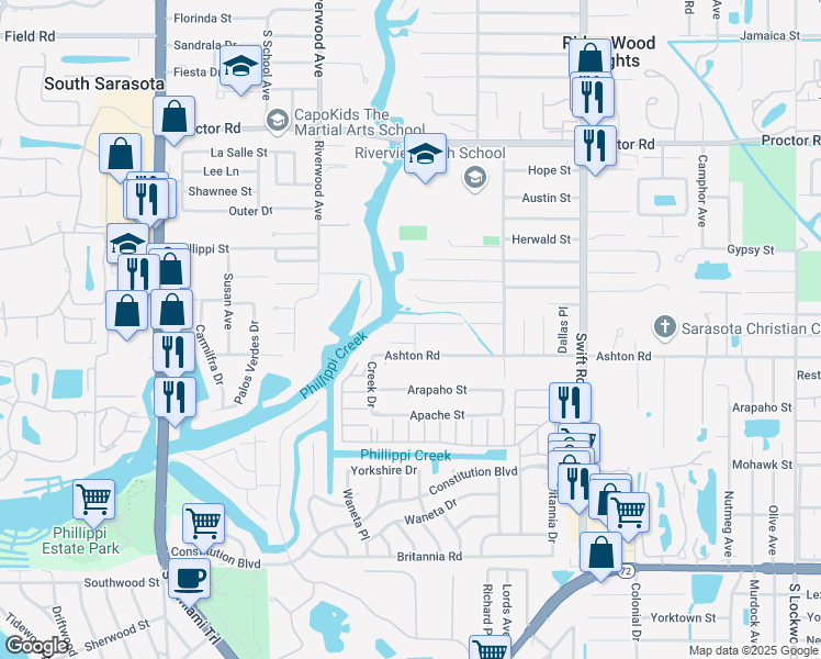 map of restaurants, bars, coffee shops, grocery stores, and more near 2438 Portland Street in Sarasota