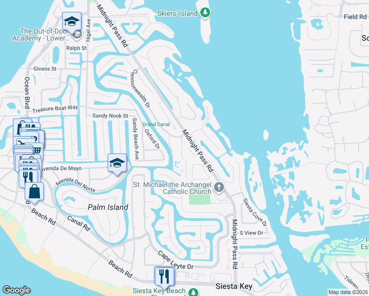 map of restaurants, bars, coffee shops, grocery stores, and more near 5143 Oakmont Place in Siesta Key