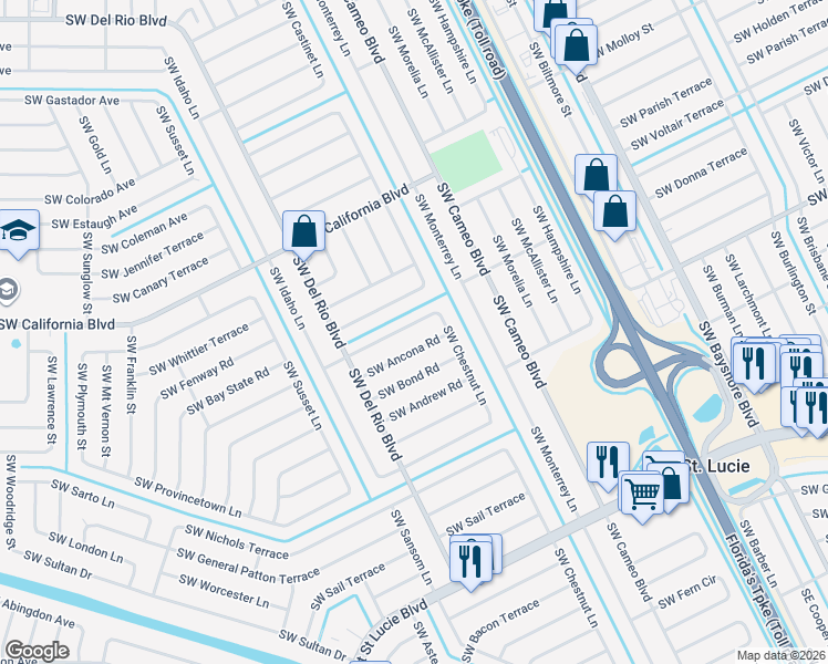 map of restaurants, bars, coffee shops, grocery stores, and more near 713 Southwest Ancona Road in Port St. Lucie