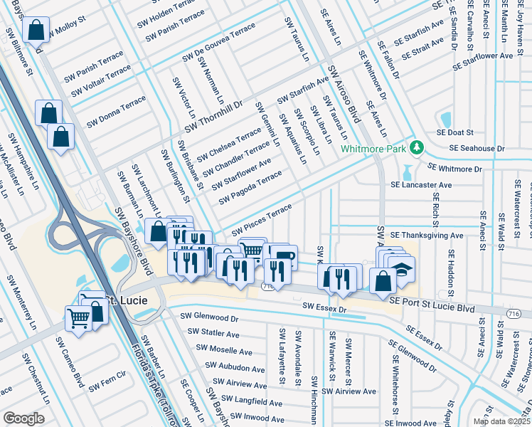 map of restaurants, bars, coffee shops, grocery stores, and more near 237 Southwest Pisces Terrace in Port St. Lucie