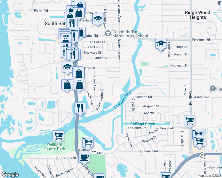 map of restaurants, bars, coffee shops, grocery stores, and more near 5240 Riverwood Avenue in Sarasota