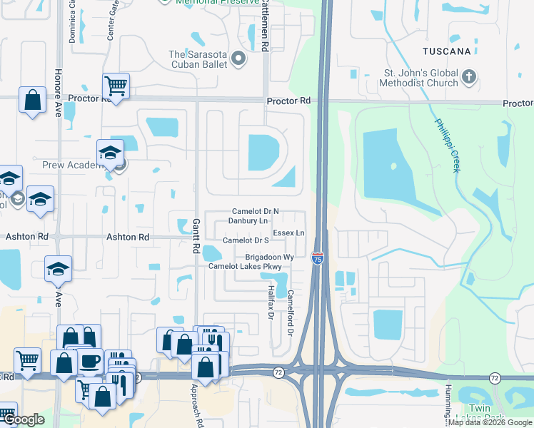 map of restaurants, bars, coffee shops, grocery stores, and more near 5875 Danbury Lane in Sarasota