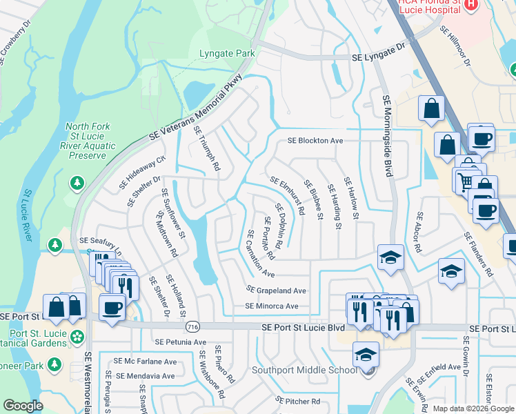 map of restaurants, bars, coffee shops, grocery stores, and more near 1409 Southeast Portillo Road in Port St. Lucie