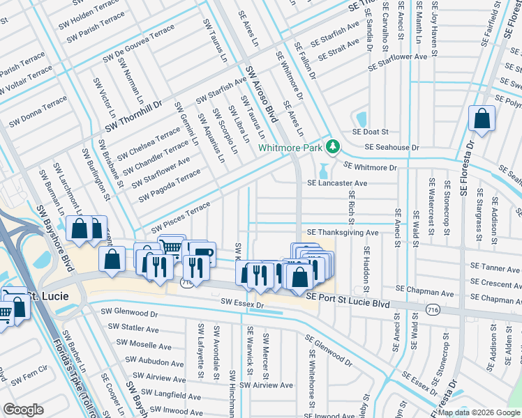 map of restaurants, bars, coffee shops, grocery stores, and more near 198 Southwest Evans Avenue in Port St. Lucie