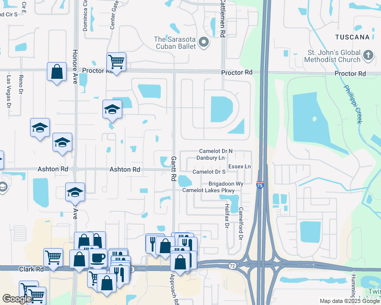 map of restaurants, bars, coffee shops, grocery stores, and more near 5742 Camelot Drive North in Sarasota
