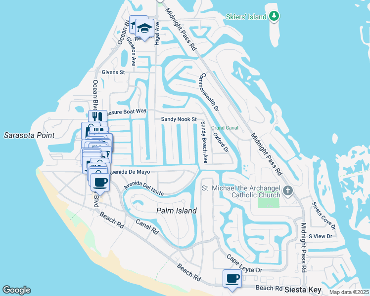 map of restaurants, bars, coffee shops, grocery stores, and more near 5153 Sandy Cove Avenue in Siesta Key