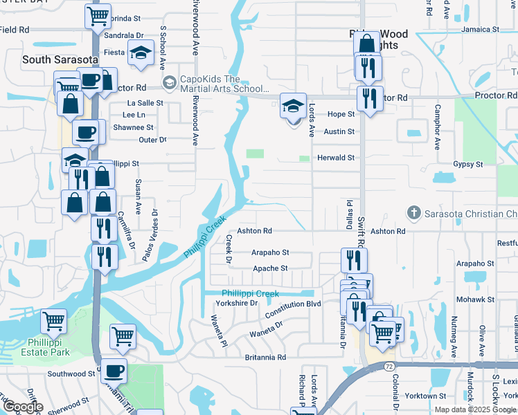 map of restaurants, bars, coffee shops, grocery stores, and more near 2438 Portland Street in Sarasota