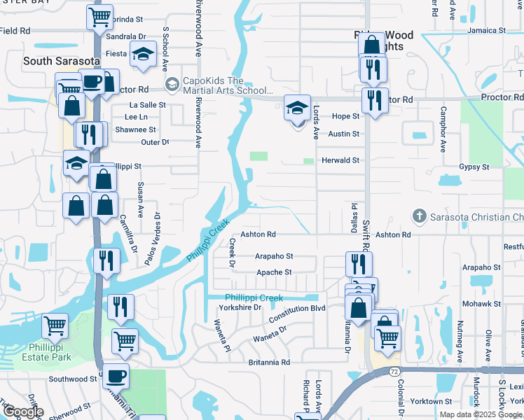 map of restaurants, bars, coffee shops, grocery stores, and more near 2438 Portland Street in Sarasota