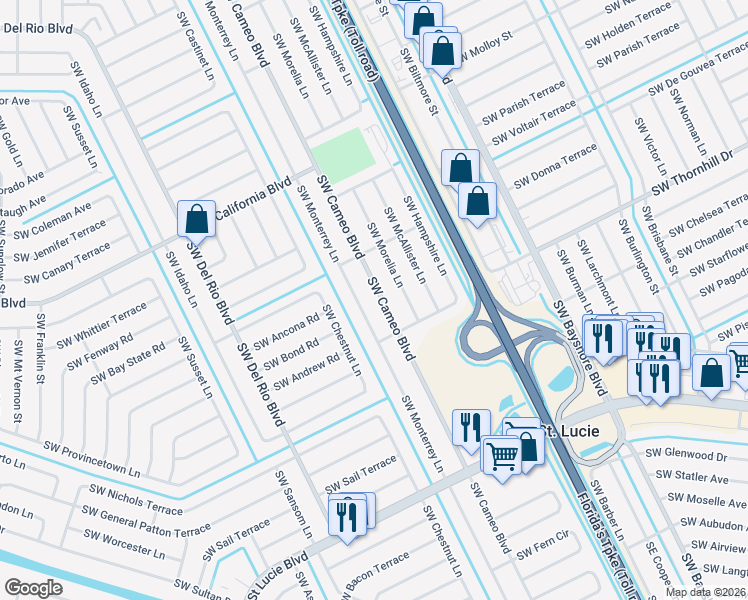 map of restaurants, bars, coffee shops, grocery stores, and more near 2180 Southwest Cameo Boulevard in Port St. Lucie