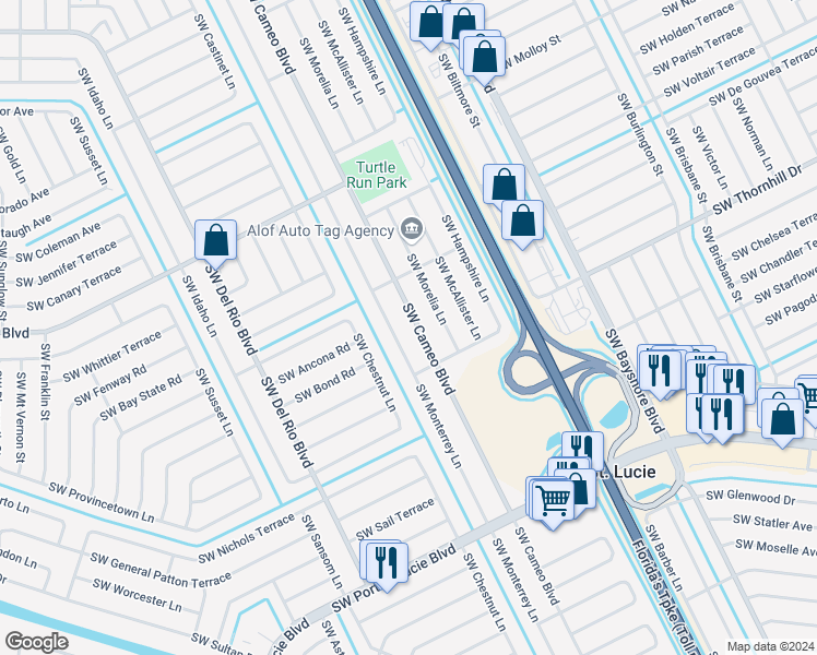map of restaurants, bars, coffee shops, grocery stores, and more near 2180 Southwest Cameo Boulevard in Port St. Lucie