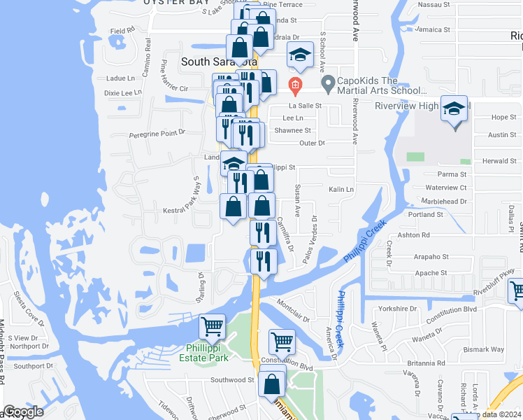 map of restaurants, bars, coffee shops, grocery stores, and more near 5249 South Tamiami Trail in Sarasota
