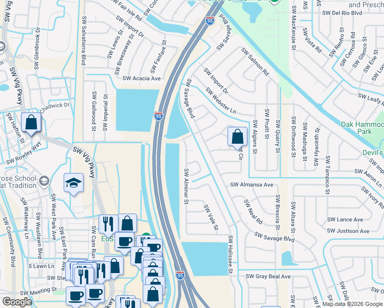 map of restaurants, bars, coffee shops, grocery stores, and more near 2450 Southwest Mabry Court in Port St. Lucie