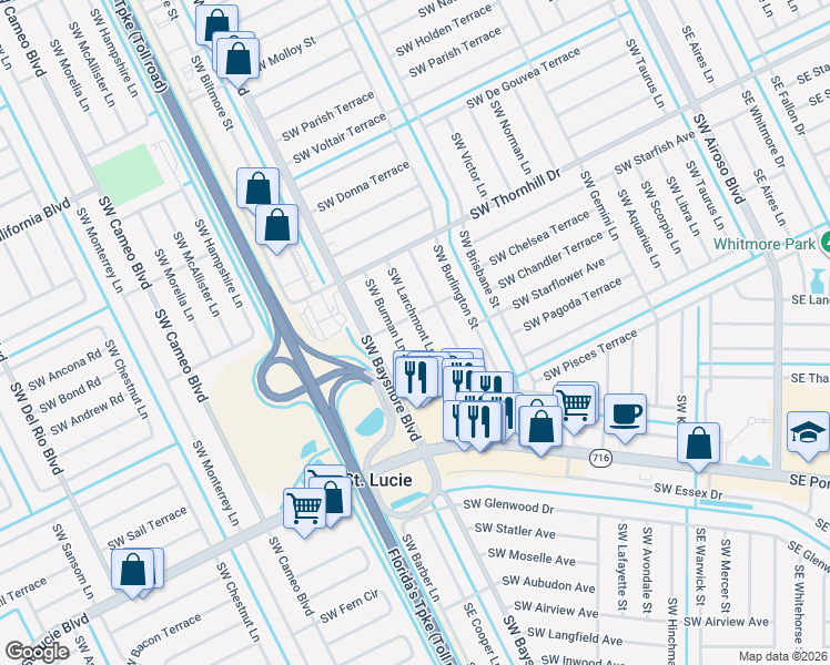 map of restaurants, bars, coffee shops, grocery stores, and more near 2132 Southwest Burman Lane in Port St. Lucie