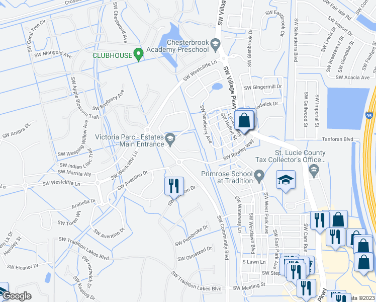 map of restaurants, bars, coffee shops, grocery stores, and more near 11405 Southwest Glengarry Court in Port St. Lucie